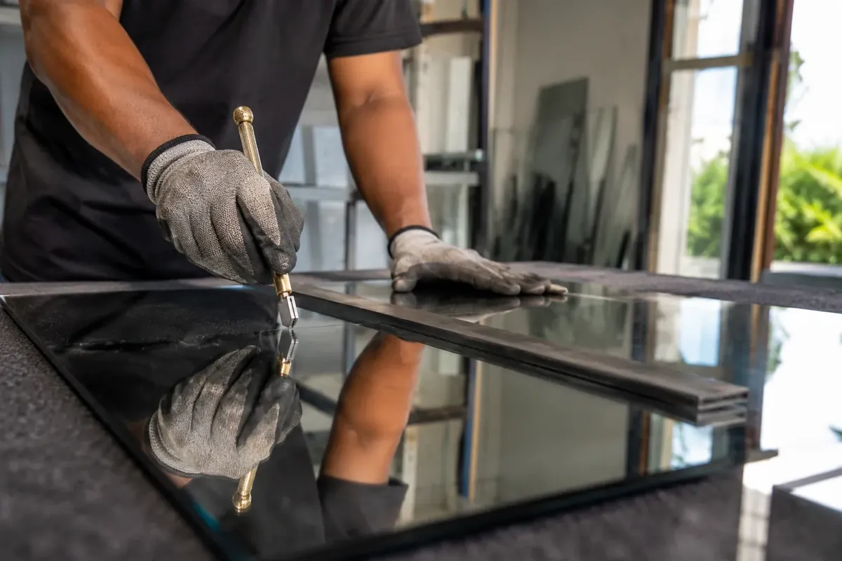 Spacegray craftsman scoring a black mirror panel by hand in the workshop